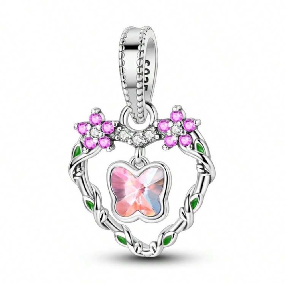 For Pandora Floral Heart With Butterfly Sterling Silver Charm